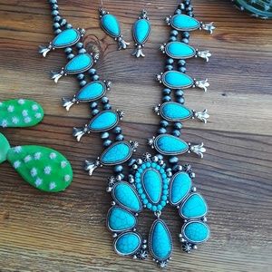 Faux Turquoise Squash Blossom Necklace Set